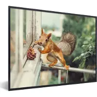 PosterMonkey Fotolijst incl. Poster - Eekhoorn - Raam - Herfst - Dennenappel - 40x30 cm - Posterlijst