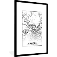 PosterMonkey Fotolijst incl. Poster Zwart Wit- Stadskaart - Angers - Plattegrond - Kaart - Frankrijk - Zwart wit - 80x120 cm - Posterlijst