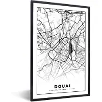 PosterMonkey Fotolijst incl. Poster Zwart Wit- Kaart - Plattegrond - Frankrijk - Stadskaart - Douai - Zwart wit - 60x90 cm - Posterlijst