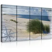 Canvas Schilderij - Duinen - Strand - Hout - Gras - Zee - Oceaan - Water - Wolken - Inclusief Frame - 120x80cm (lxb) - 4 Luiks