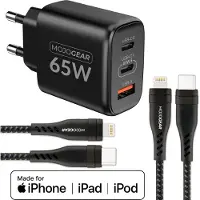 MOJOGEAR CHARGE+ 65W snellader voor iPhone & iPad met 2x Lightning naar USB-C kabel 1,5 meter
