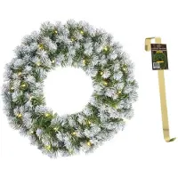 Mica Decorations Kerstkrans/deurkrans groen met verlichting 30 lampjes en sneeuw 60 cm en met gouden hanger - Kerstkransen