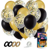 Fissaly 40 Stuks Goud, Zwart & Papieren Confetti Ballonnen met Accessoires – Decoratie Versiering - Latex
