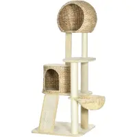 PawHut Paws kattenboom, met kattenhuis, meerdere platforms, hangmat, krasmat, kantelbescherming, beige, 60 x 60 x 150 cm