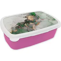 MuchoWow Broodtrommel Roze - Lunchbox - Brooddoos - Marmer - Goud - Groen - Luxe - 18x12x6 cm - Kinderen - Meisje