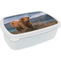 MuchoWow Broodtrommel Wit - Lunchbox - Brooddoos - Schotse Hooglander - Berg - Water - Natuur - Koe - 18x12x6 cm - Volwassenen