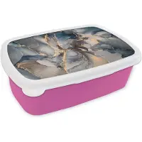 MuchoWow Broodtrommel Roze - Lunchbox - Brooddoos - Marmer - Grijs - Blauw - Luxe - Goud - 18x12x6 cm - Kinderen - Meisje