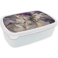 MuchoWow Broodtrommel Wit - Lunchbox - Brooddoos - Goud - Paars - Marmer - 18x12x6 cm - Volwassenen