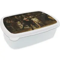 MuchoWow Broodtrommel Wit - Lunchbox De Nachtwacht - Kunst - Oude meesters - Rembrandt - Brooddoos 18x12x6 cm - Brood lunch box - Broodtrommels voor kinderen en volwassenen
