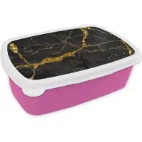 MuchoWow Broodtrommel Roze - Lunchbox Marmer - Goud - Zwart - Marmerlook - Luxe - Glitter - Brooddoos 18x12x6 cm - Brood lunch box - Broodtrommels voor kinderen en volwassenen