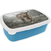 MuchoWow Broodtrommel Blauw - Lunchbox - Brooddoos - Schotse Hooglander - Bos - Mist - Koe - Dieren - Natuur - 18x12x6 cm - Kinderen - Jongen