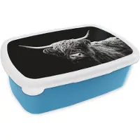 MuchoWow Broodtrommel Blauw - Lunchbox - Brooddoos - Schotse Hooglander - Koe - Zwart - Wit - Dieren - 18x12x6 cm - Kinderen - Jongen