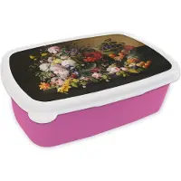 MuchoWow Broodtrommel Roze - Lunchbox Stilleven met bloemen en fruit - Kunstwerk - Oude meesters - Brooddoos 18x12x6 cm - Brood lunch box - Broodtrommels voor kinderen en volwassenen