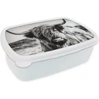 MuchoWow Broodtrommel Wit - Lunchbox - Brooddoos - Schotse hooglander - Natuur - Koe - Zwart - Wit - 18x12x6 cm - Volwassenen