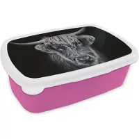 MuchoWow Broodtrommel Roze - Lunchbox - Brooddoos - Schotse hooglander - Zwart - Koe - Dieren - 18x12x6 cm - Kinderen - Meisje