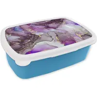 MuchoWow Broodtrommel Blauw - Lunchbox - Brooddoos - Marmer - Roze - Paars - Gold - 18x12x6 cm - Kinderen - Jongen