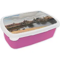 MuchoWow Broodtrommel Roze - Lunchbox Vermeer - Stad - Oude meesters - Kunst - Brooddoos 18x12x6 cm - Brood lunch box - Broodtrommels voor kinderen en volwassenen