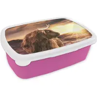 MuchoWow Broodtrommel Roze - Lunchbox - Brooddoos - Schotse hooglander - Zon - Horizon - Koe - Dieren - 18x12x6 cm - Kinderen - Meisje