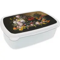 MuchoWow Broodtrommel Wit - Lunchbox Stilleven met bloemen en fruit - Kunstwerk - Oude meesters - Brooddoos 18x12x6 cm - Brood lunch box - Broodtrommels voor kinderen en volwassenen