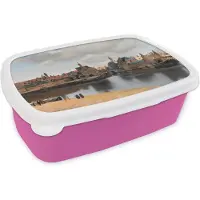 MuchoWow Broodtrommel Roze - Lunchbox Vermeer - Stad - Oude meesters - Kunst - Brooddoos 18x12x6 cm - Brood lunch box - Broodtrommels voor kinderen en volwassenen