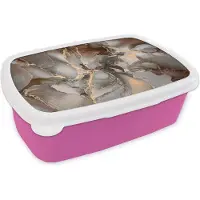 MuchoWow Broodtrommel Roze - Lunchbox - Brooddoos - Grijs - Goud - Marmer - Marmerlook - 18x12x6 cm - Kinderen - Meisje