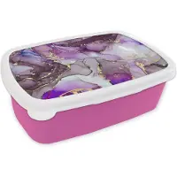 MuchoWow Broodtrommel Roze - Lunchbox - Brooddoos - Marmer - Roze - Paars - Gold - 18x12x6 cm - Kinderen - Meisje
