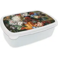 MuchoWow Broodtrommel Wit - Lunchbox Kunst - Oude meesters - Boeket bloemen in een urn - Brooddoos 18x12x6 cm - Brood lunch box - Broodtrommels voor kinderen en volwassenen