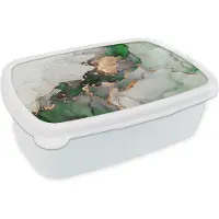 MuchoWow Broodtrommel Wit - Lunchbox - Brooddoos - Marmer - Goud - Groen - Luxe - 18x12x6 cm - Volwassenen