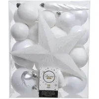 Décoris Kerstballen mixbox met piek 33-delig | winterwit | kunststof/onbreekbaar | diverse maten
