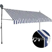 vidaXL Uitschuifbaar zonnescherm, handbediend met LED-verlichting, 350 cm, blauw en wit
