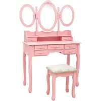 vidaXL Kaptafel met kruk en drievoudige spiegel roze