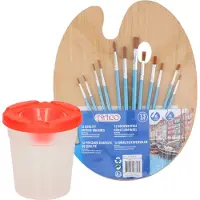 Artist & Co Set van 12x stuks schilder penselen met houten palet en water potje - schildersets