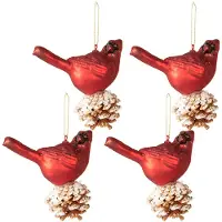 Clayre & Eef Kerstbal Set van 4 Vogel 11x6x12 cm Rood Wit Glas Kerstboomversiering Rood Kerstboomversiering