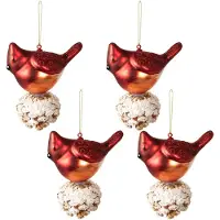 Clayre & Eef Kerstbal Set van 4 Vogel 11x6x11 cm Rood Wit Glas Kerstboomversiering Rood Kerstboomversiering