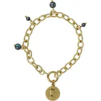 My Bendel - Schakelarmband Goudkleurig met Muntbedel en Zwarte Parel - Goudkleurige Schakelarmband met Zwarte Parel Bedels - met Luxe Cadeauverpakking | Sieraden Voor Dames