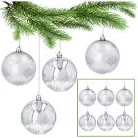Sarcia.eu Zilveren kerstboomballen met glitters, set kunststof kerstballen, kerstboomversiering 8 cm, 6 st.