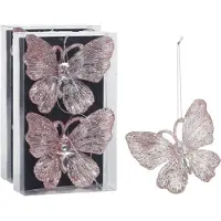 Merkloos Christmas Decoration kersthangers vlinders - 4x -transparant/roze 15 cm - Kersthangers