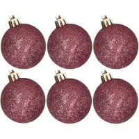 Cosy & Trendy 6x stuks kunststof glitter kerstballen aubergine roze 8 cm - Kerstbal