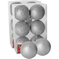 Gerimport 12x stuks kerstballen zilver glitters kunststof 8 cm - Kerstbal