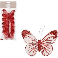 House of Seasons kerst vlinders op clip - 6x stuks - rood/wit - 10 cm - Kersthangers
