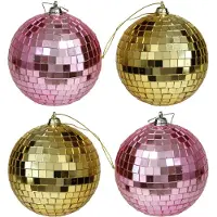 Othmar decorations Kerstballen disco - 4x st - goud en roze - 10 cm - kunststof - Kerstbal