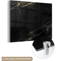 MuchoWow Glasschilderij 40x30 cm - Schilderij acrylglas - Marmer look - Luxe - Zwart - Goud - Foto op glas - Muurdecoratie woonkamer - Wanddecoratie slaapkamer - Schilderijen