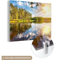 MuchoWow Glasschilderij 160x120 cm - Schilderij acrylglas - Bomen - Water - Zon - Foto op glas - Schilderijen