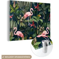 MuchoWow Glasschilderij 160x120 cm - Schilderij acrylglas - Jungledieren - Patroon - Kinderen - Flamingo - Papegaai - Kids - Foto op glas - Schilderijen