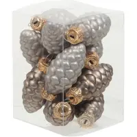 Othmar decorations 12x stuks glazen dennenappels kersthangers eucalyptus grijs/bruin 6 cm mat/glans - Kersthangers