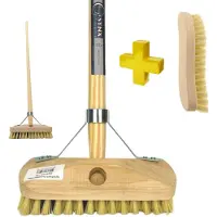 Synx Tools Schrobber Fiber Schrobbezem met houten Steel 150cm Luiwagen Set + Werkhandborstel - Multipack
