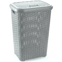 Forte Plastics Grote rotan wasmand met deksel van 60 liter in het lichtgrijs - Wasmanden