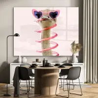 MuchoWow Glasschilderij 160x120 cm - Schilderij acrylglas - Struisvogel - Zonnebril - Roze - Dieren - Foto op glas - Schilderijen