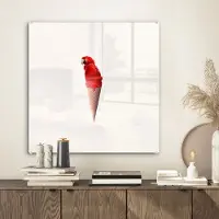 MuchoWow Glasschilderij 50x50 cm - Schilderij acrylglas - IJs - Papegaai - Rood - IJshoorntjes - Wit - Foto op glas - Schilderijen