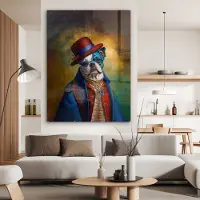 MuchoWow Glasschilderij 120x160 cm - Schilderij acrylglas - Hond - Portret - Kleding - Hoed - Abstract - Foto op glas - Schilderijen